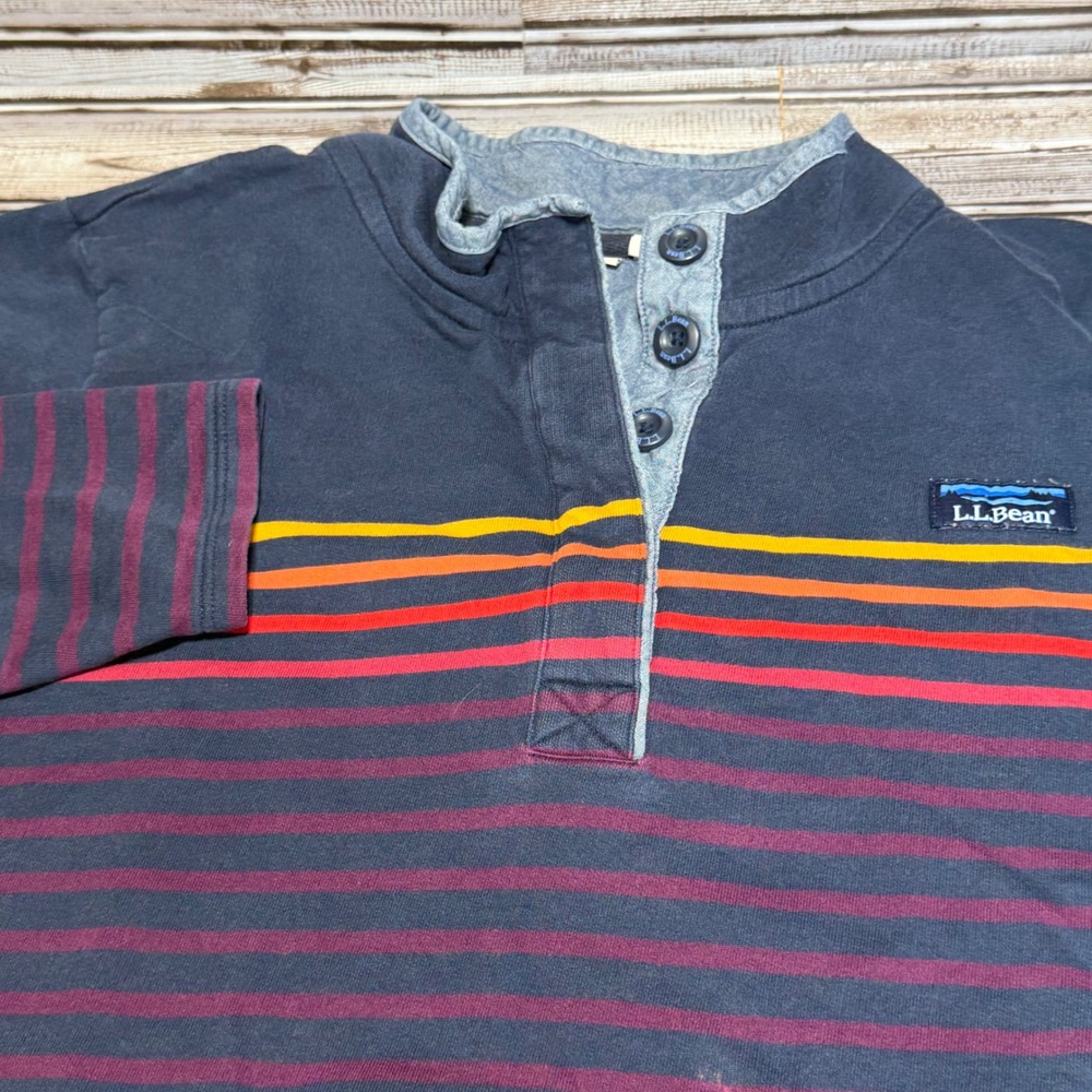 LL Bean Henley Pullover Womens 2X Blue Striped Long Sleeve Mock Neck Button Top